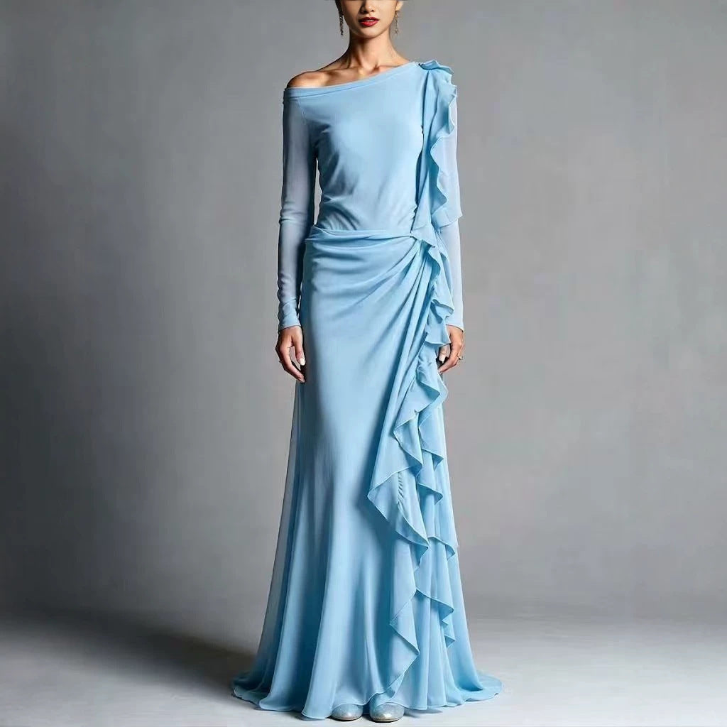 White Off Shoulder Long Sleeve Mermaid Maxi Dress With Cascading Ruffles