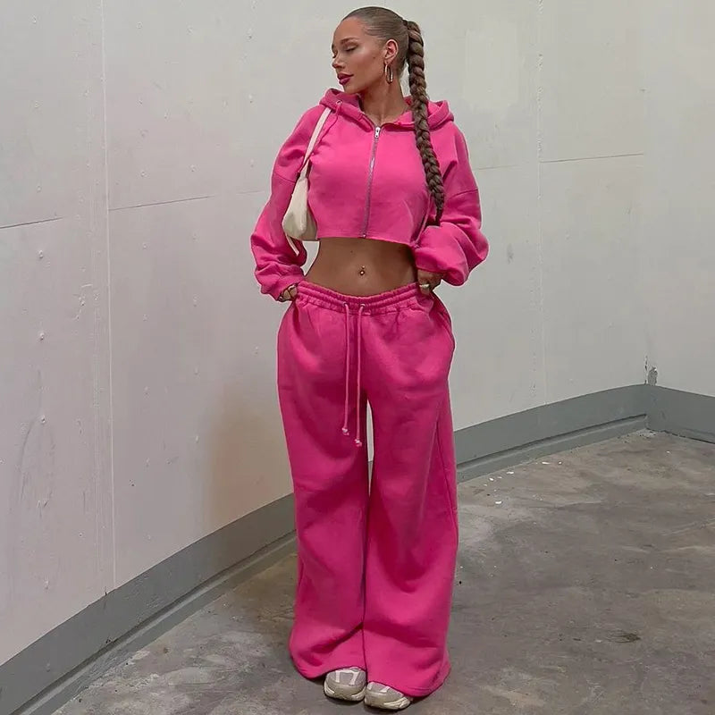 Cropped Hoodie Set, Zip-Up Sweatshirt & Wide Leg Sweatpants