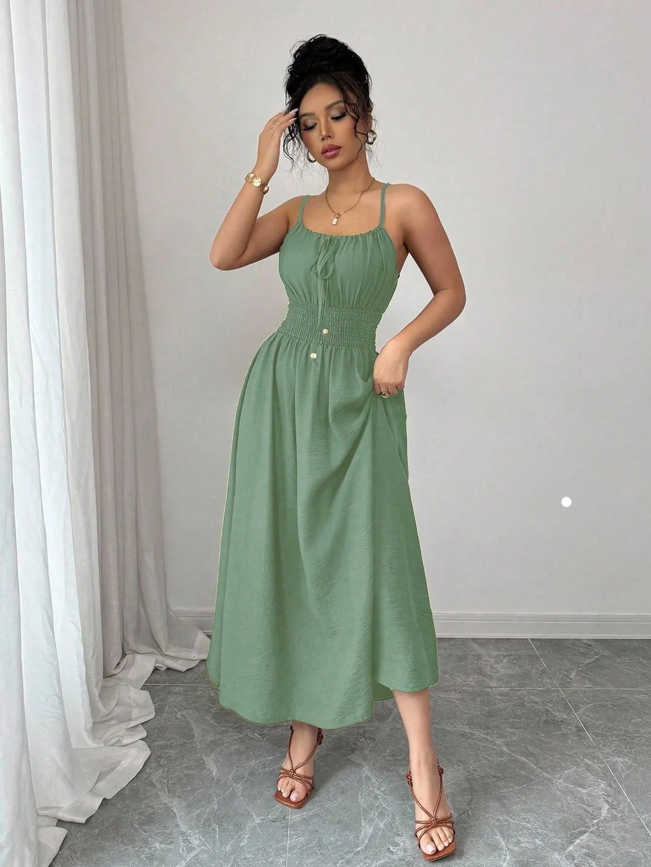 One-Shoulder Spaghetti Strap Smocked Elastic Waist Solid A-Line Maxi Dress