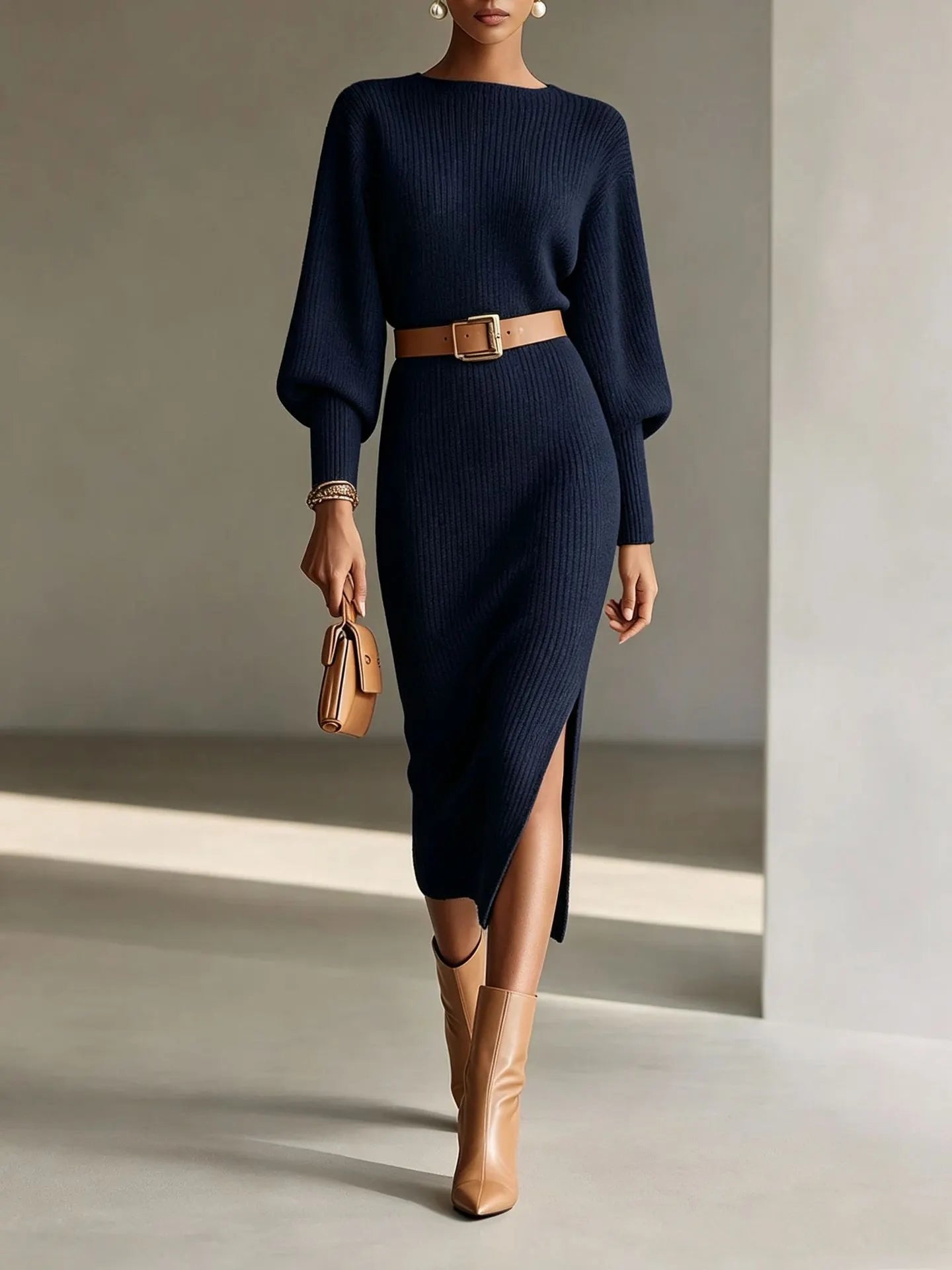 Boat Neck Batwing Sleeve Knit Midi Dress