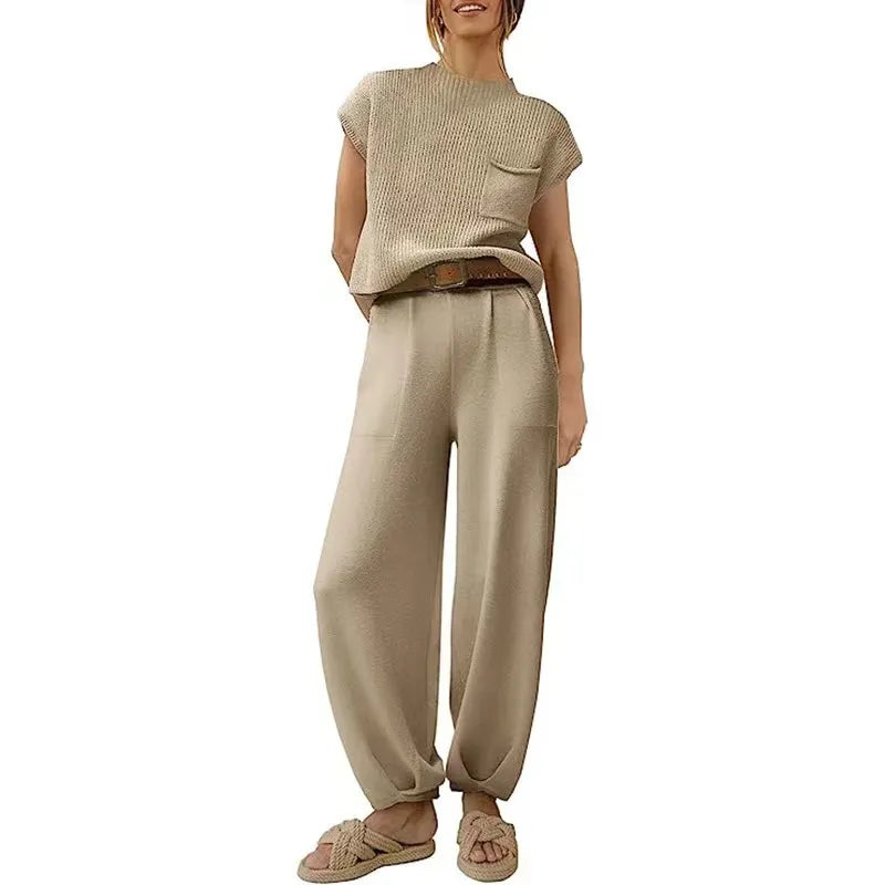 White Knit Short-Sleeve Top & Khaki High-Waisted Pants Two-Piece Set