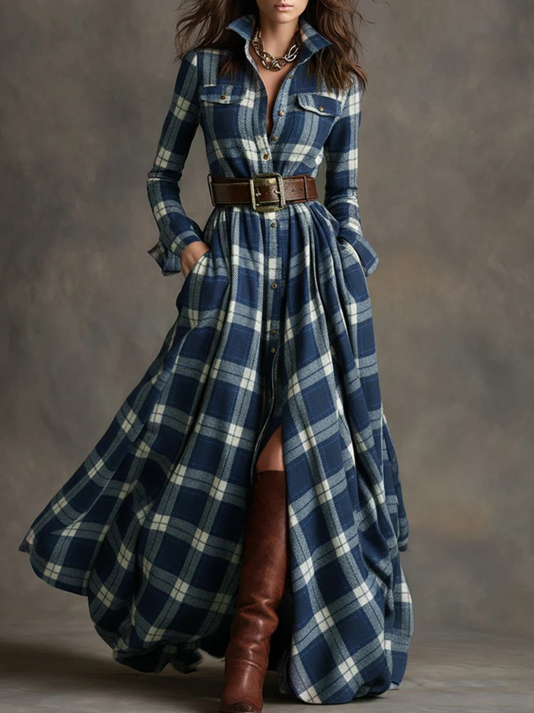 Vintage Western Tartan Plaid Maxi Dress for Collared Long Sleeve Flowy A Line Shirt Dress