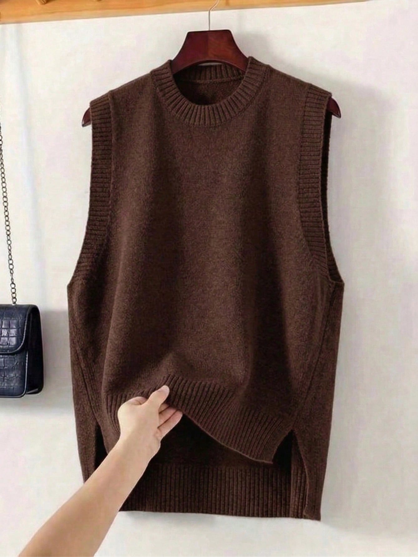 Chocolate Brown Round Neck Knit Sweater Vest