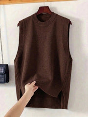Chocolate Brown Round Neck Knit Sweater Vest