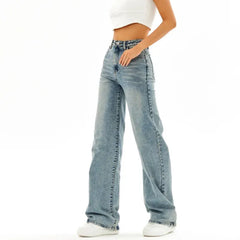 High Waist Stone Washed Blue High Stretch Loose Wide Leg Full Length Denim Jeans