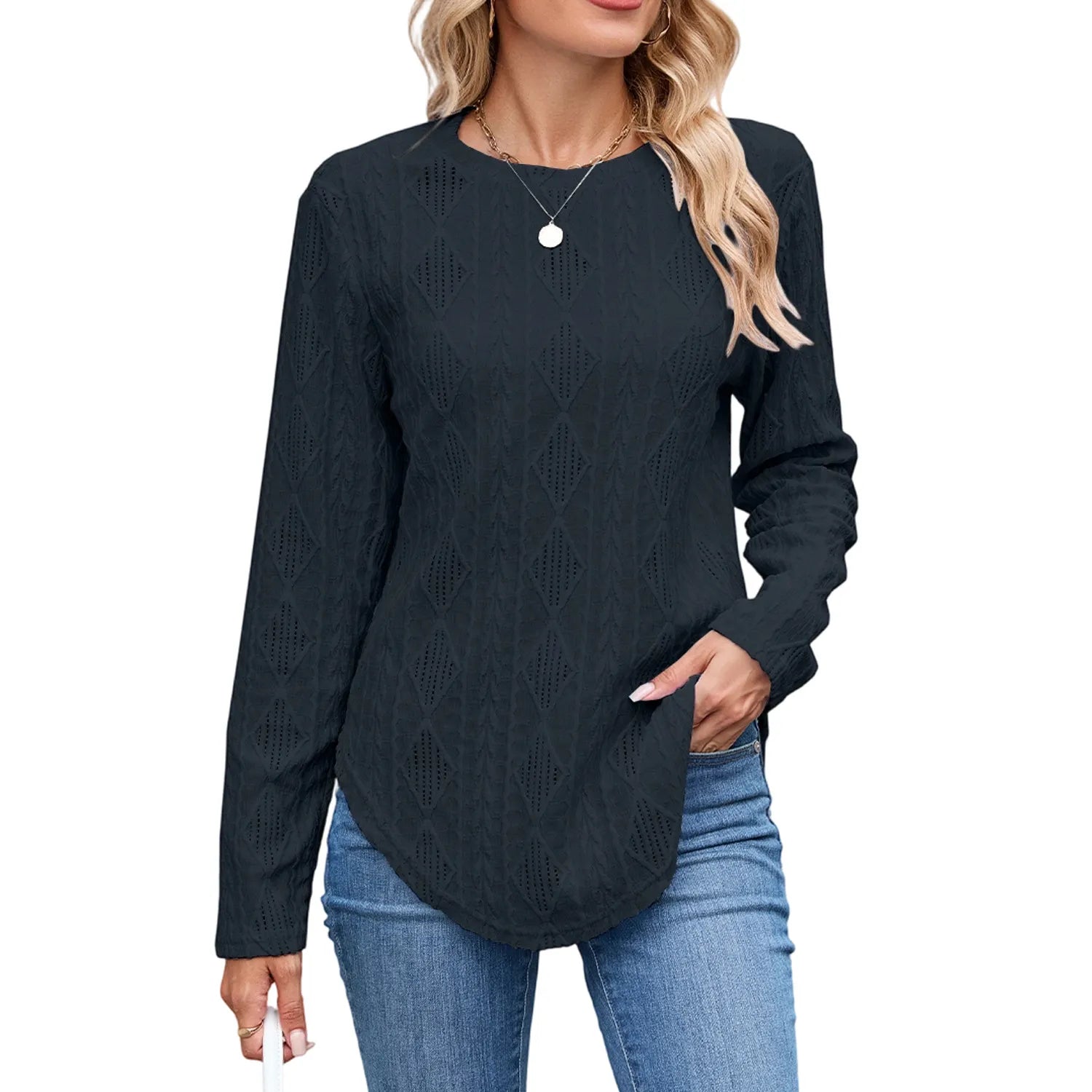 Back Button Hollow Out Curved Hem Blouse