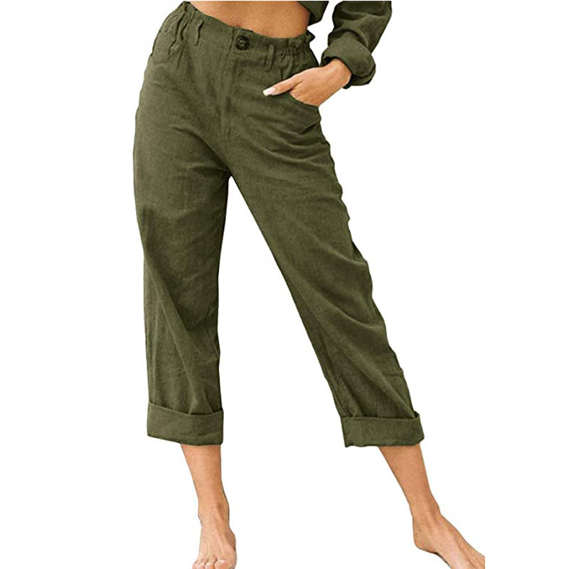 Linen Blend Rolled Cuff Cropped Pants