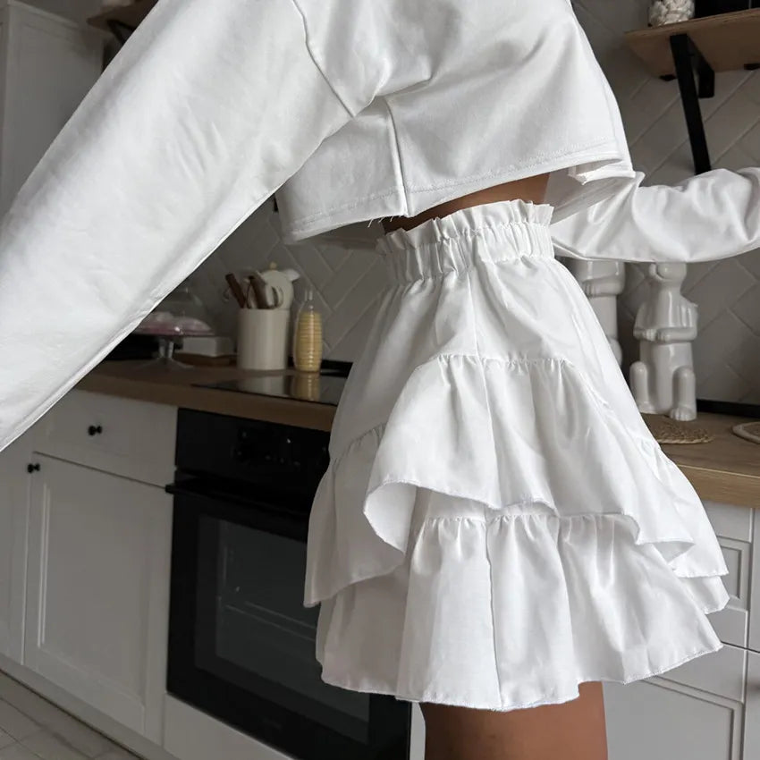 Ruffled Elastic Waist Double Layer Mini Skirt
