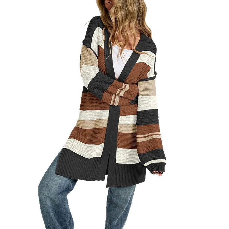 Multi Color Striped Long Open Knit Cardigan Long Sleeve Thumbhole Casual Sweater Coat