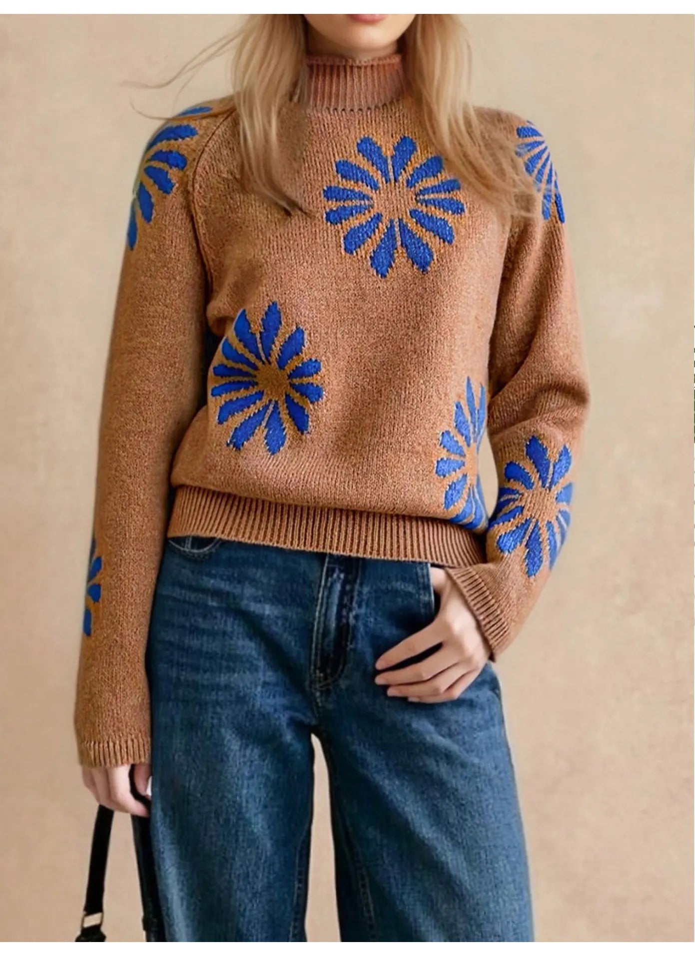 Floral Print Crew Neck Loose Pullover Sweater