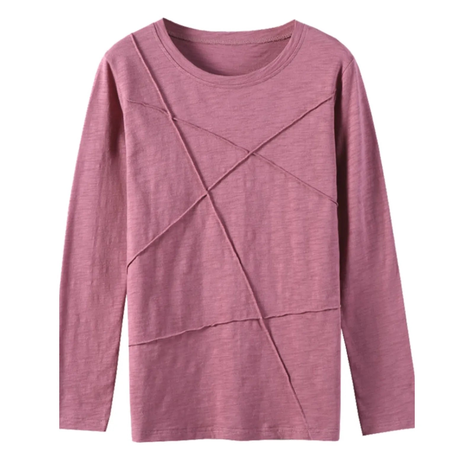 Solid Round Neck Spliced Grinding Pure Cotton Long Sleeve Slim Fit T-Shirt