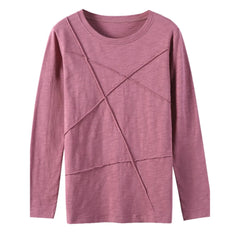 Solid Round Neck Spliced Grinding Pure Cotton Long Sleeve Slim Fit T-Shirt