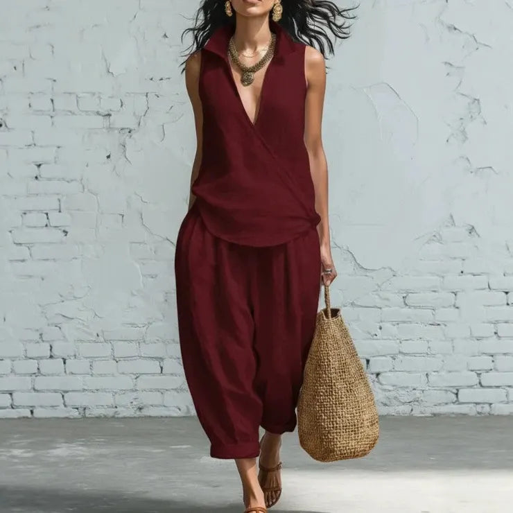 2026 foreign trade cross-border spring and summer new clothing simple lapel shirt and wide-leg pants linen two-piece set