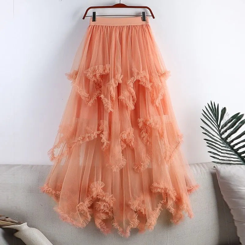 Asymmetrical Ruffle Tulle Maxi Skirt