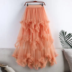 Asymmetrical Ruffle Tulle Maxi Skirt