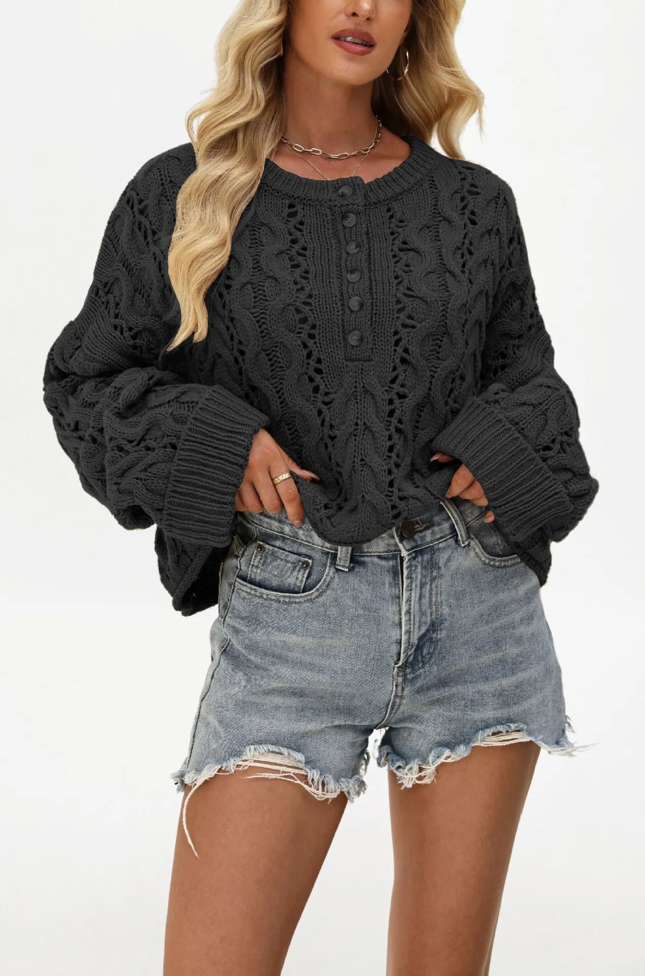 Romantic Hollow Cable Knit Henley Jumper Oversized Button Detail Long Sleeve Sweater