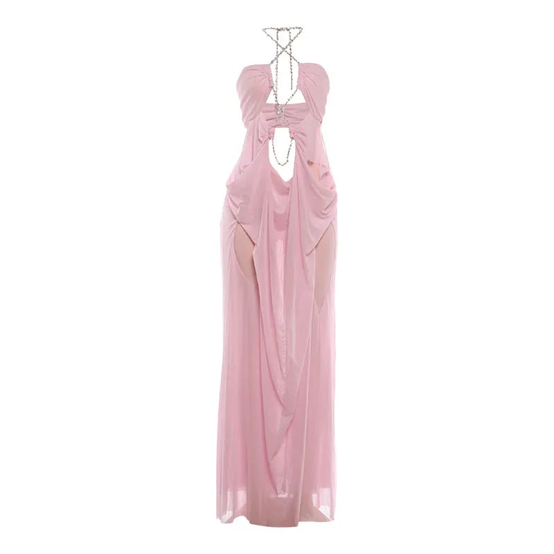 Rhinestone Chain Halter Maxi Dress