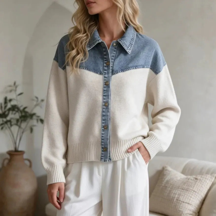 Western Style Denim & Knit Patchwork Sweater, Long Sleeve Button Front Contrast Collar Knit Jacket