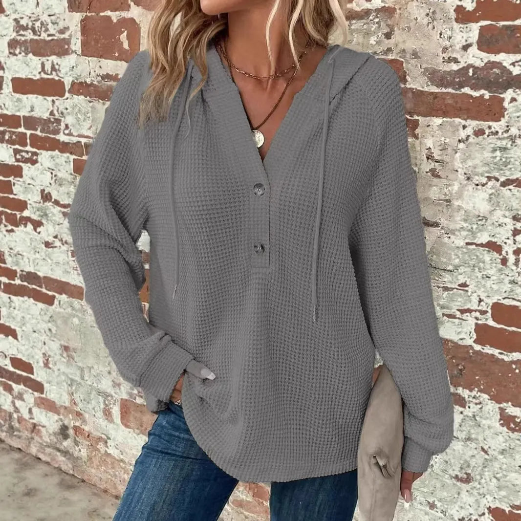Waffle Knit Hooded Top, V-Neck Button Front Oversized Sweatshirt for Fall