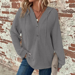 Waffle Knit Hooded Top, V-Neck Button Front Oversized Sweatshirt for Fall