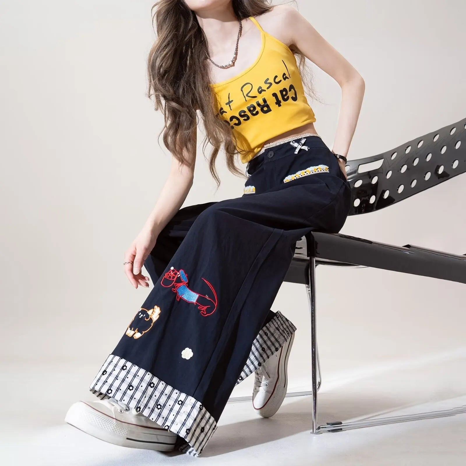 Printed Flare Work Pants | High Waist Cartoon Embroidery Washed Cotton Wide Flare Casual Trousers