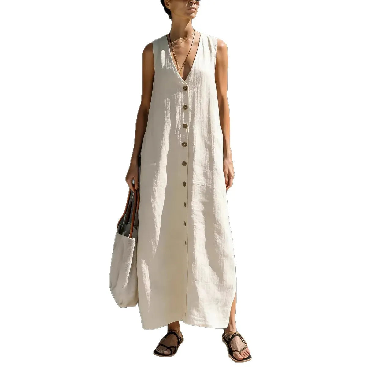 Solid V-Neck Sleeveless Button Front Casual Maxi Dress