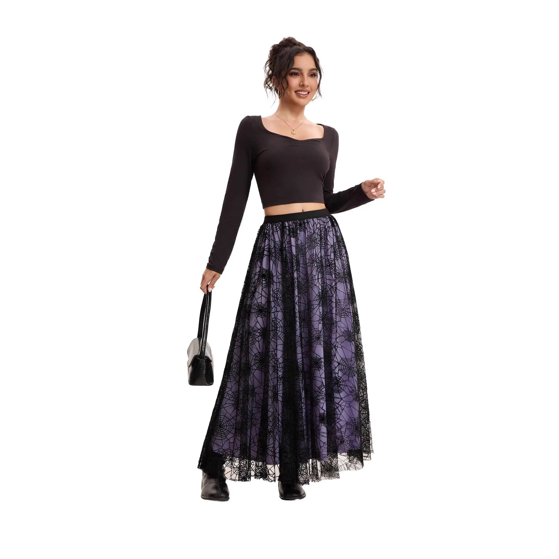 Halloween Red Base Skull Flocking Tulle Layered Midi Skirt