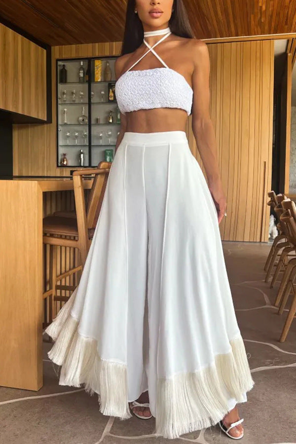 Boho High Waist Tassel Hem Flowy Wide Leg Palazzo Pants