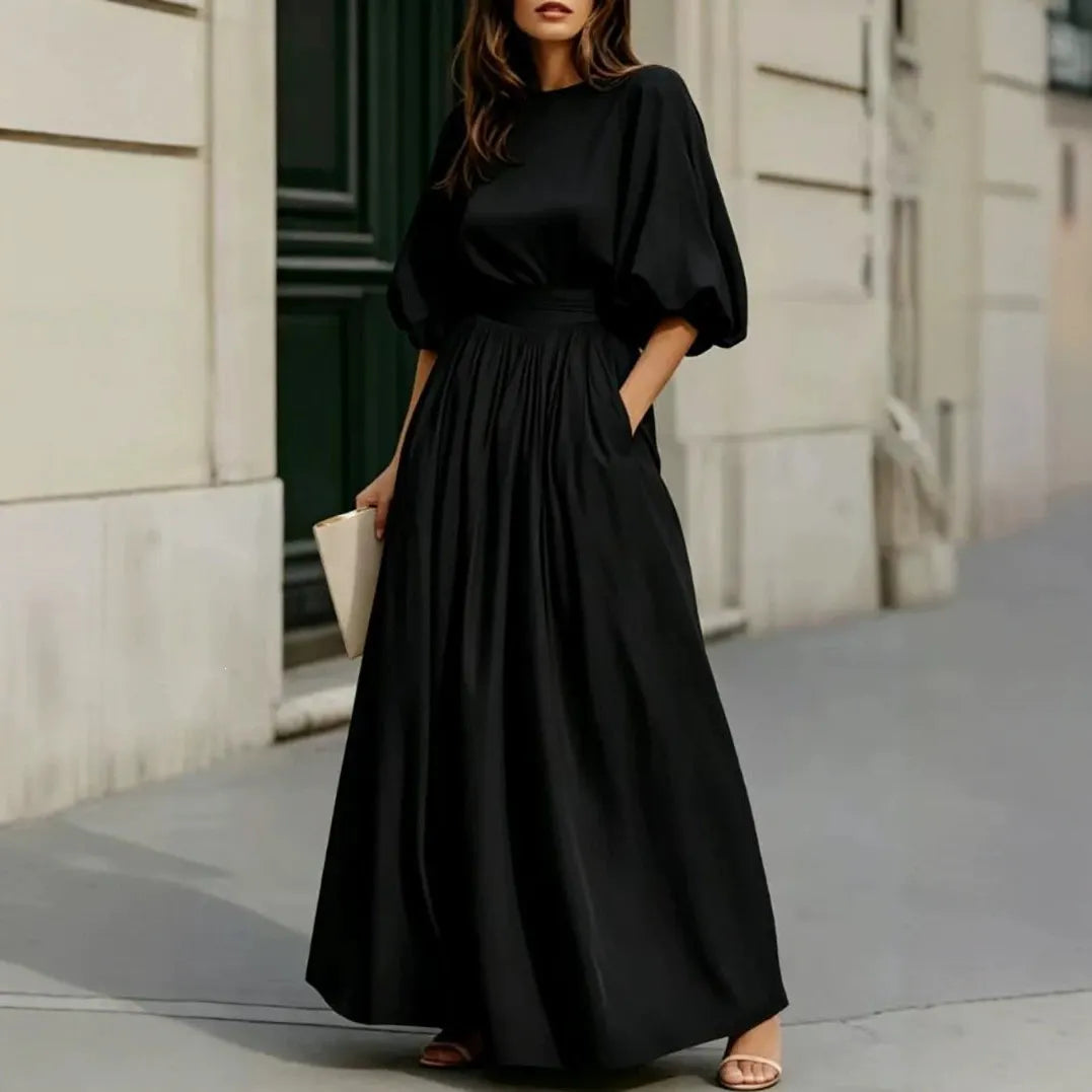 Cream Puff Short Sleeve High Waist Flowy Maxi Dress with Pockets