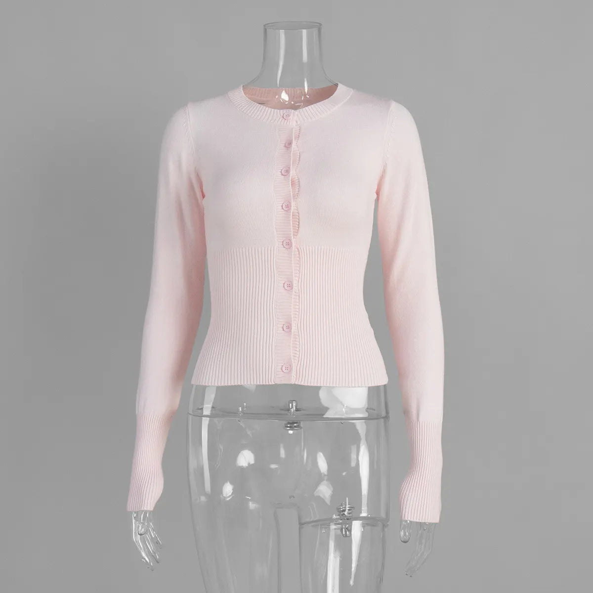 Y2K Button Front Crop Knit Top, Round Neck Long Sleeve Fitted Gray Sweater Cardigan
