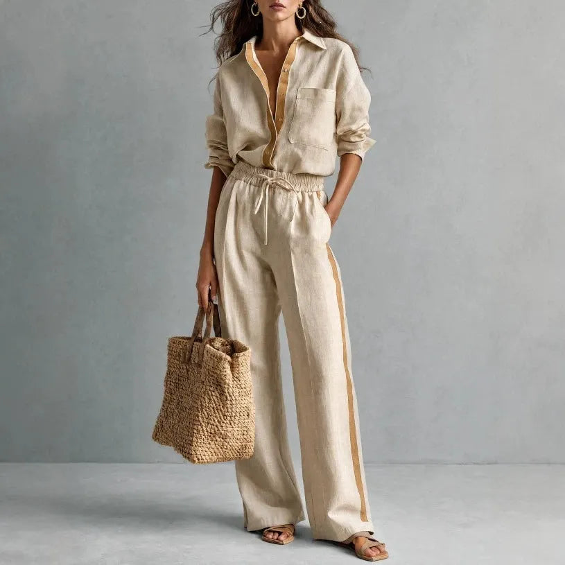 Beige Linen Two Piece Set Contrast Trim Shirt & Drawstring Wide Leg Pants