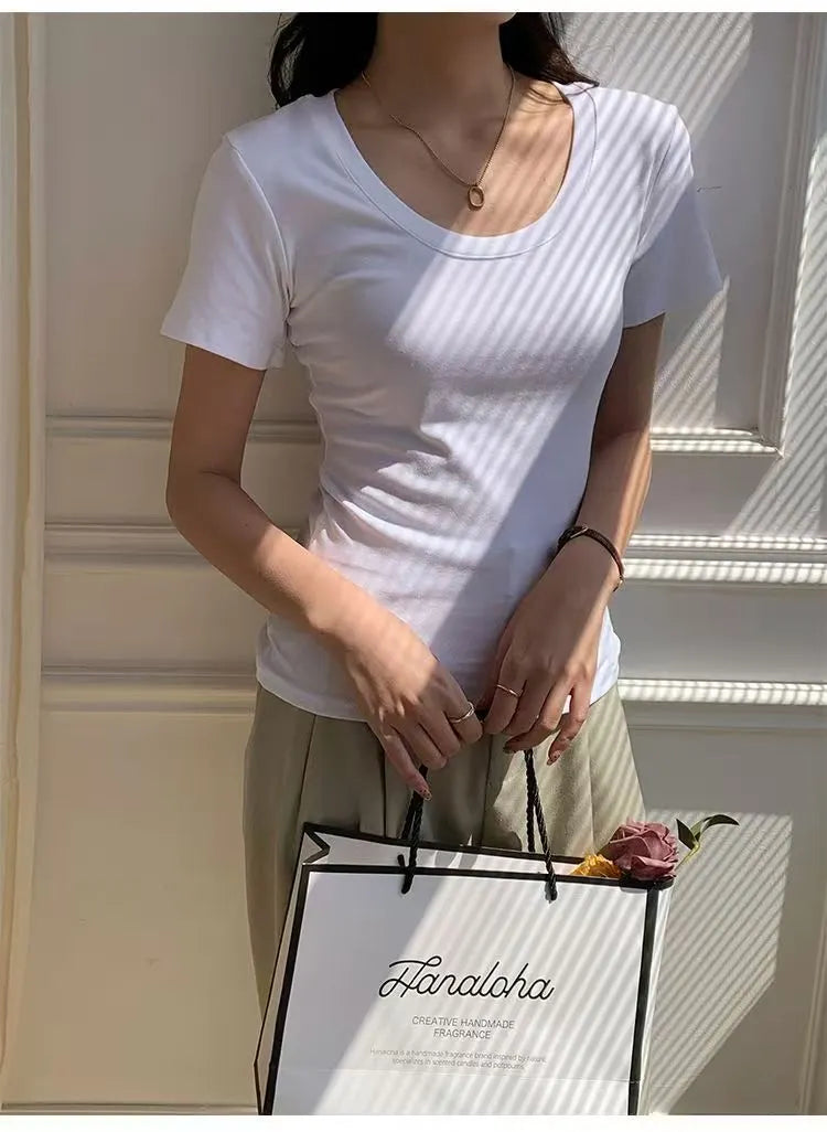 Solid Color U-Neck Short Sleeve Slim Fit T-Shirt