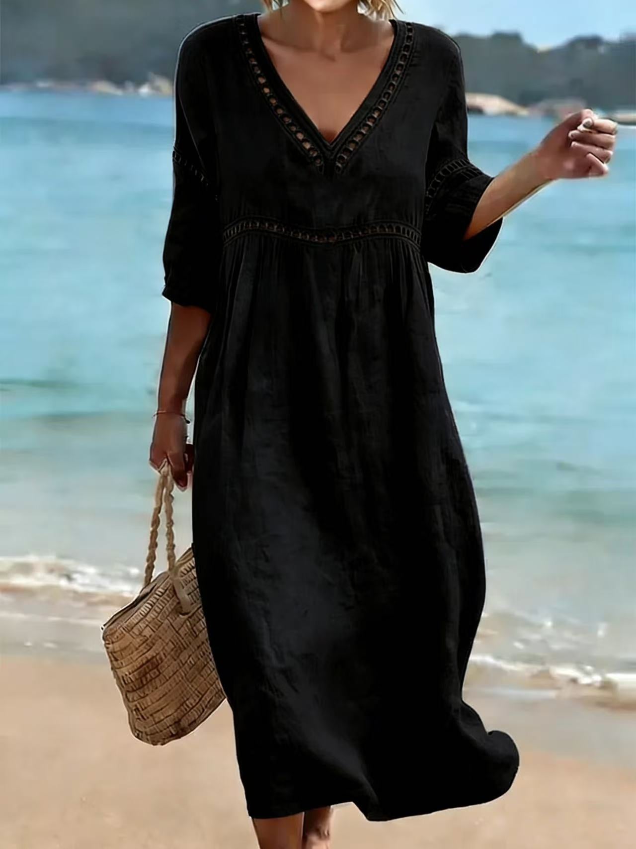 Deep V Neck Embroidery Trim Loose Cotton Linen Pull Pleat Maxi Dress