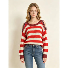 Striped Cold Shoulder Beaded Knit Pullover Sweater