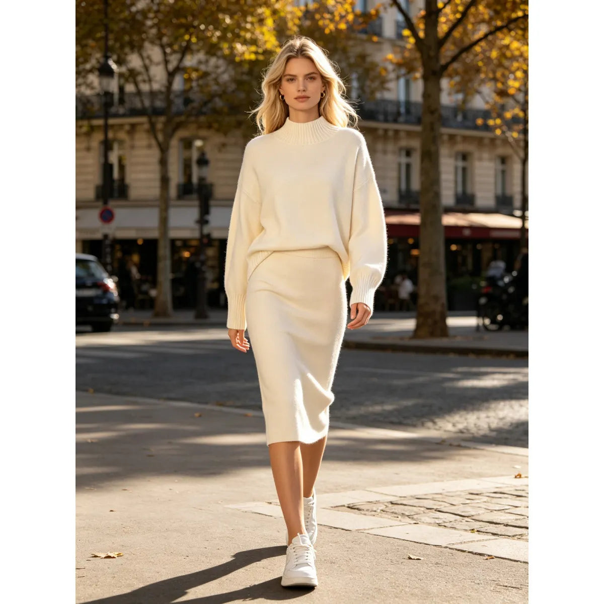 Solid Half Turtleneck Knit Sweater And Midi Skirt Two Piece Casual Set