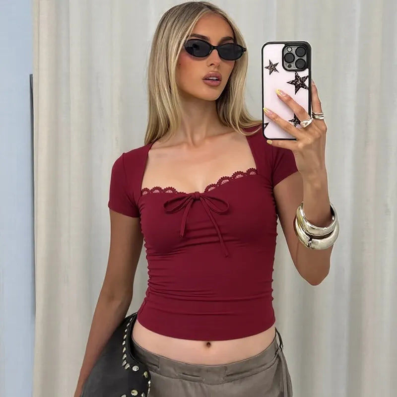 Square Neck Lace Trim Front Tie Ruched Slim Fit Short Sleeve Crop T-Shirt
