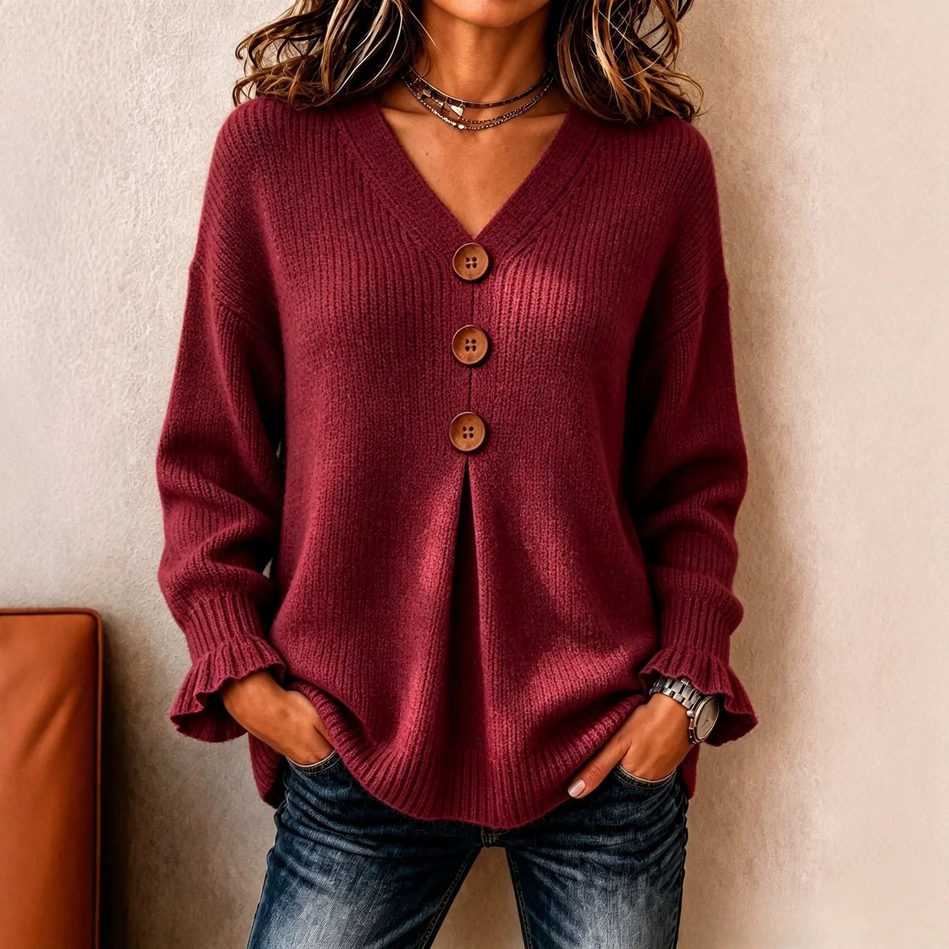 V‑Neck Button Detail Pullover Sweater