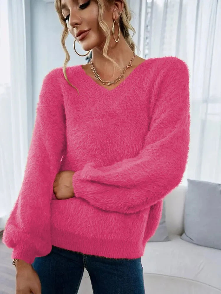 Bright Orange Furry V Neck Sweater Ladies Balloon Sleeve Soft Casual Fall Knit Top
