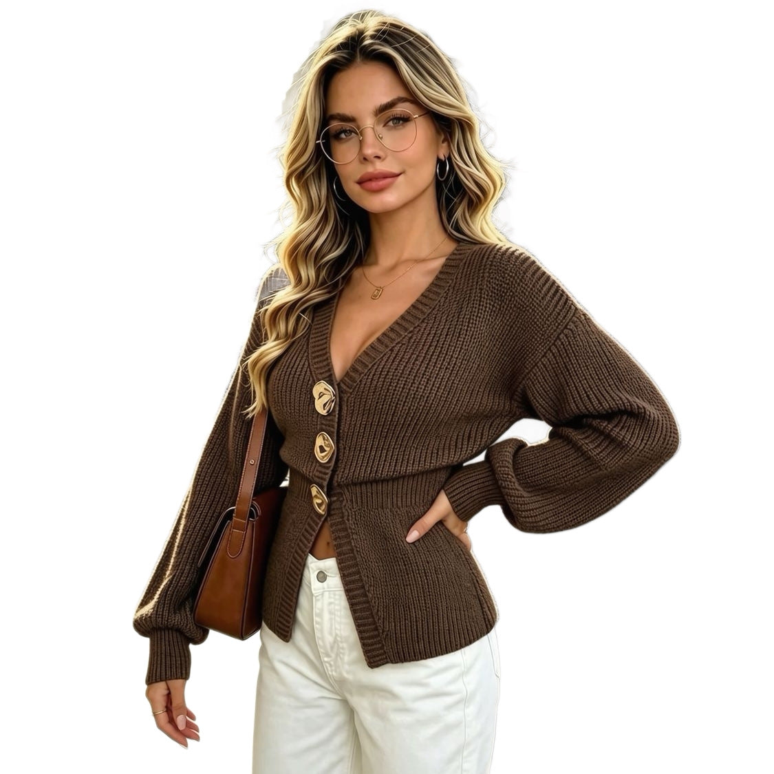 Fitted V-Neck Knit Cardigan, Long Puff Sleeve Large Button Front Sweater Jacket