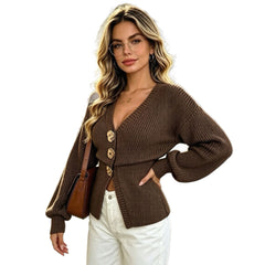 Fitted V-Neck Knit Cardigan, Long Puff Sleeve Large Button Front Sweater Jacket