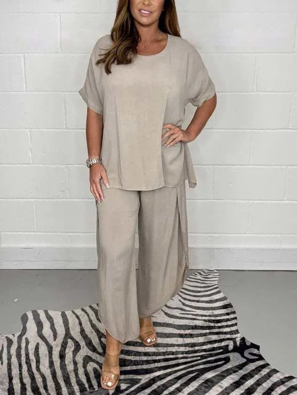 Solid Color Two-Piece Casual Loungewear Set (Top + Wide Leg Pants)