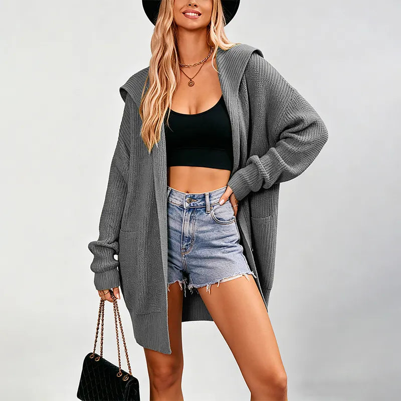 Waffle Knit Lapel Button Midi Pocket Cardigan Sweater