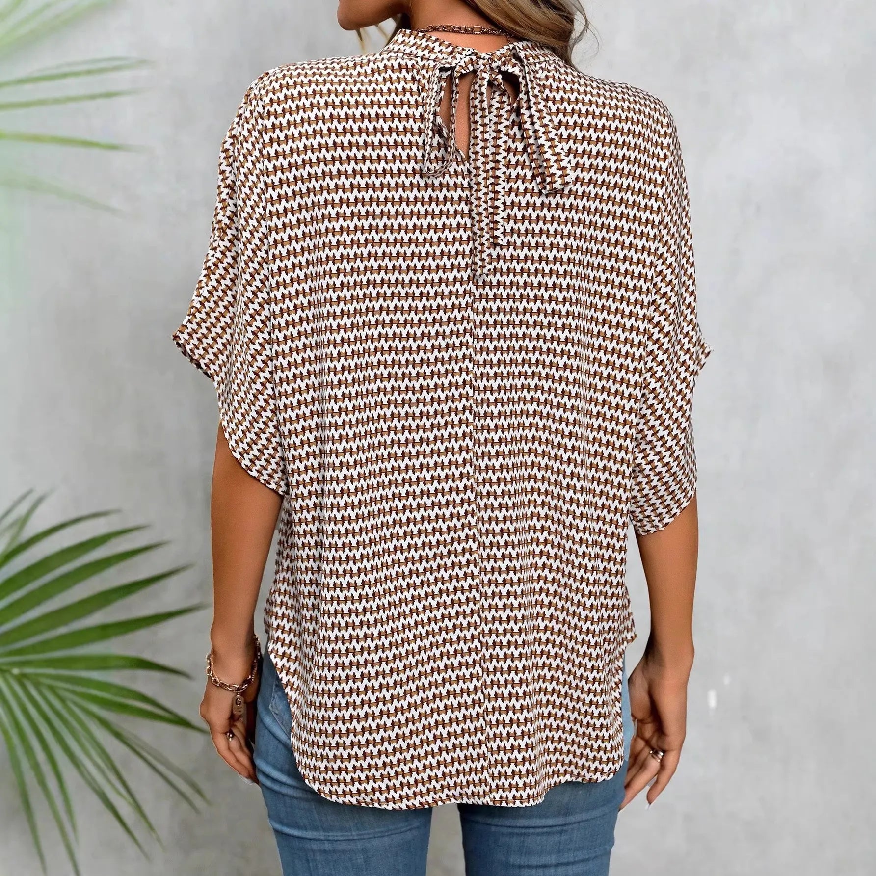 Houndstooth Plaid Round Neck Short Sleeve Loose Casual T-Shirt