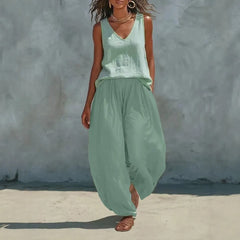 V Neck Sleeveless Vest & Elastic Waist Wide Leg Long Pants