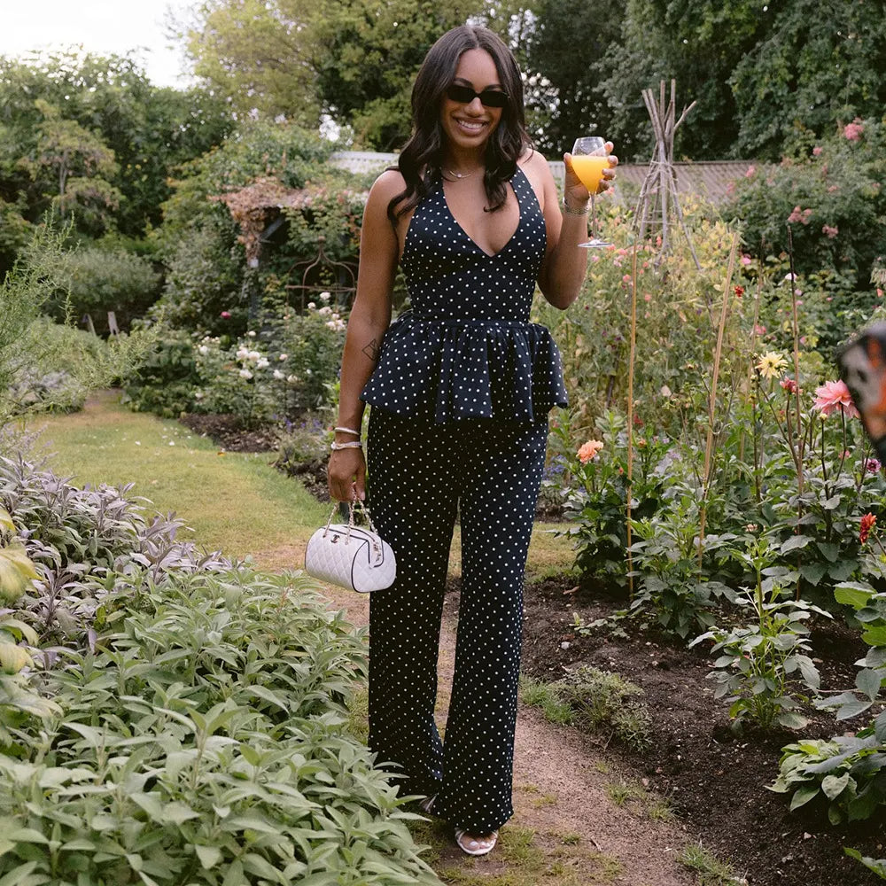 Polka Dot Halter Neck Tie Front Peplum Top and Wide Leg Pants 2 Piece Set