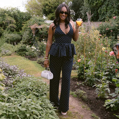 Polka Dot Halter Neck Tie Front Peplum Top and Wide Leg Pants 2 Piece Set