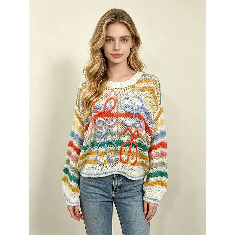Colorful Stripe Hollow Knit Sweater, 3D Handmade Bow Applique Round Neck Loose Pullover