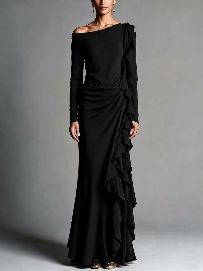 White Off Shoulder Long Sleeve Mermaid Maxi Dress With Cascading Ruffles
