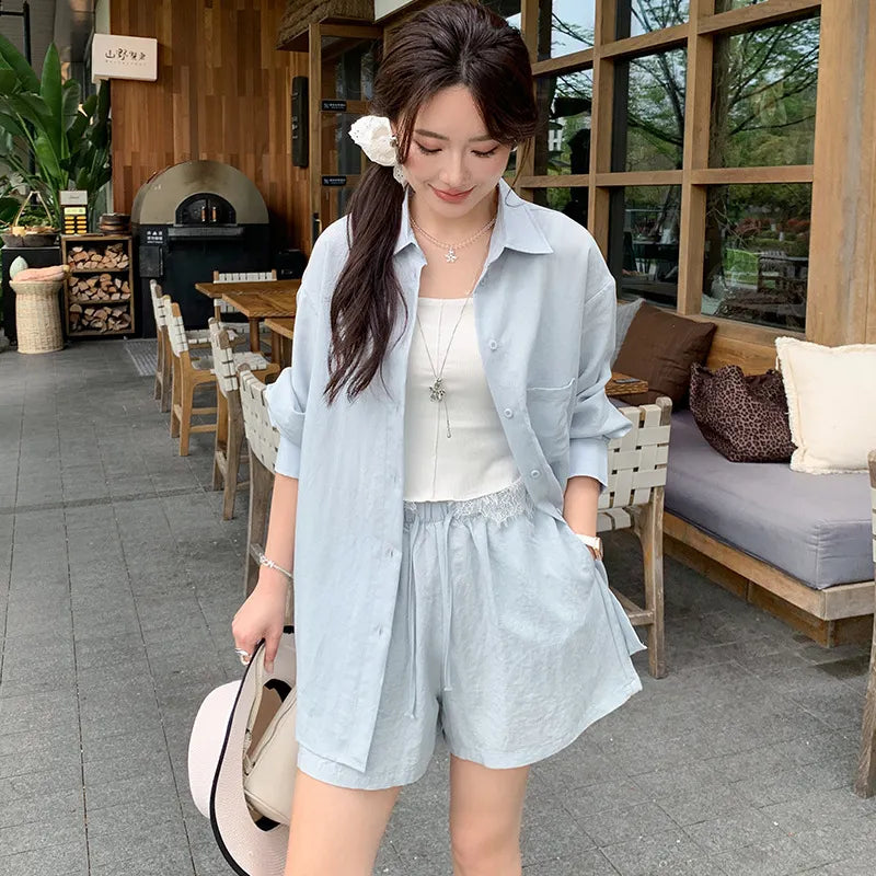 Oversized Long Sleeve Shirt Drawstring Shorts / Pants 2 Piece Casual Suit