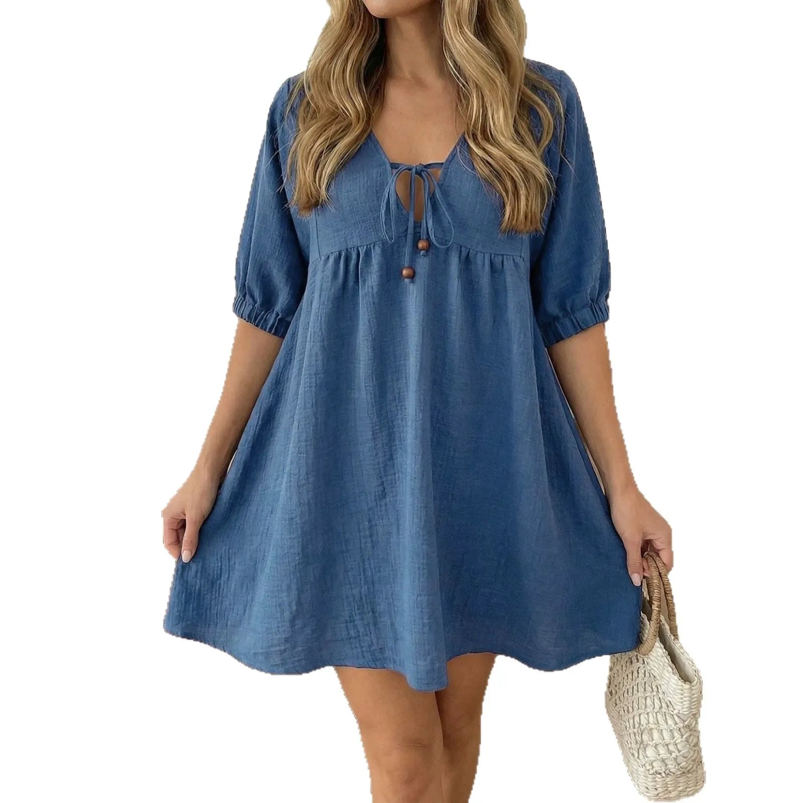 Lace-Up V-Neck Puff Sleeve A-Line Mini Dress